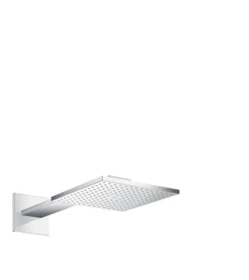 Kopfbrause von AXOR in quadratischer Form mit flachem Design und punktförmigen Düsen. Montiert an einem schlichten Brausearm.